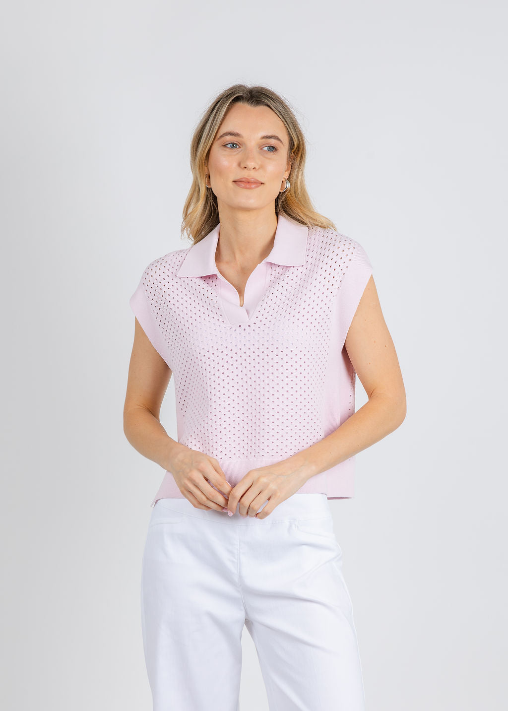 Autumn Cashmere Boxy Mesh Jonny Collar Muscle Tee in Powder Pink available at Barbara Katz