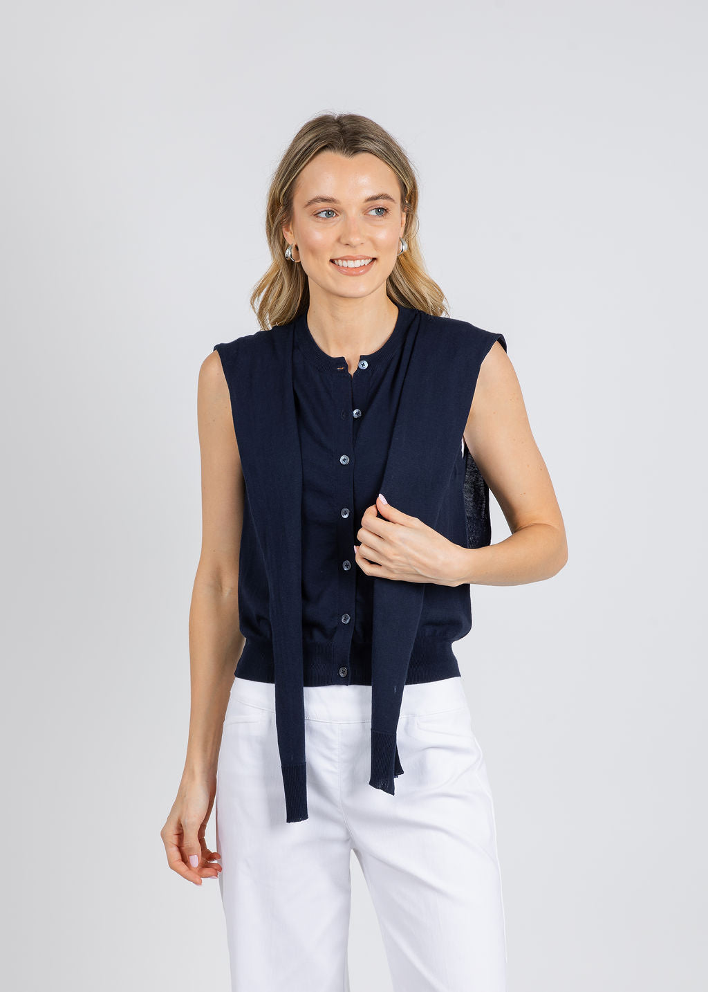 Autumn Cashmere Button Front Vest With Tie Sleeve in Navy available at Barbara Katz