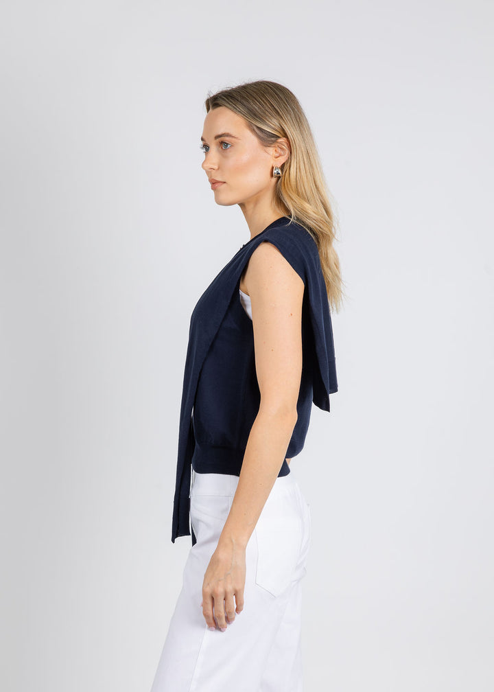 Autumn Cashmere Button Front Vest With Tie Sleeve in Navy available at Barbara Katz