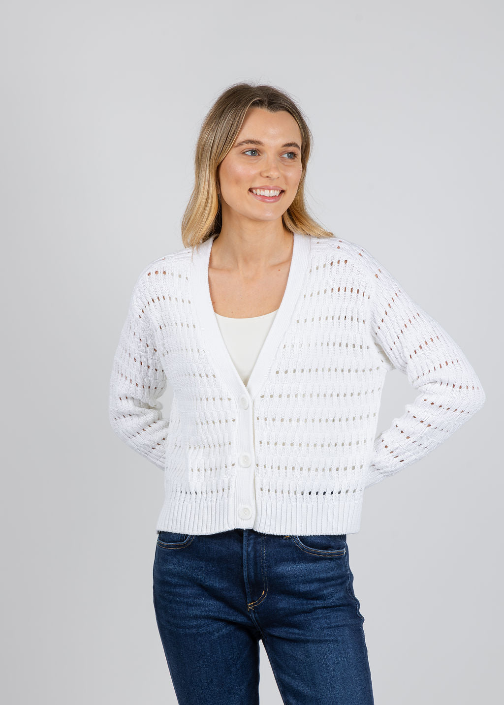 Autumn Cashmere Cropped Boxy Cardigan in Broken Rib Stitch in Bleach White available at Barbara Katz