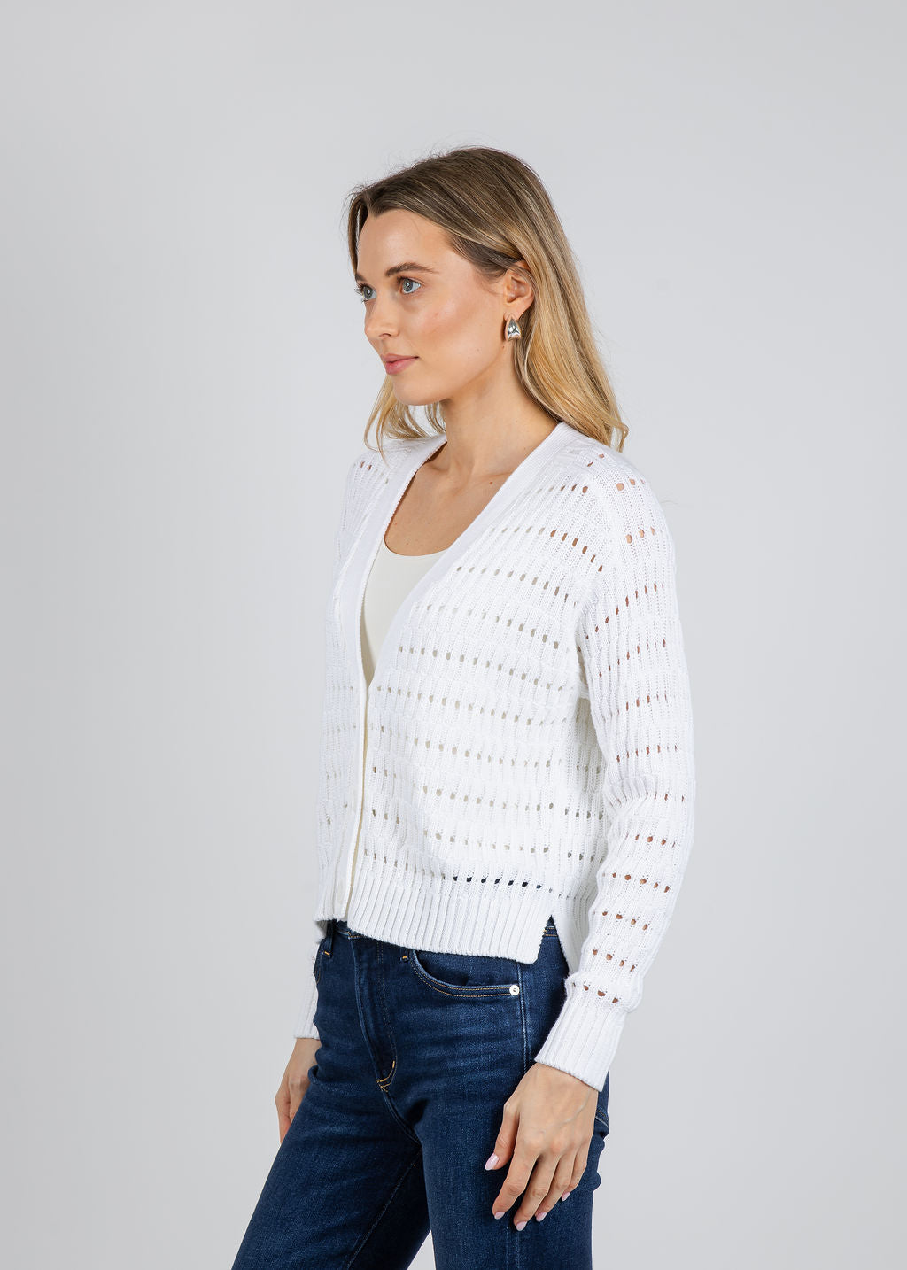 Autumn Cashmere Cropped Boxy Cardigan in Broken Rib Stitch in Bleach White available at Barbara Katz