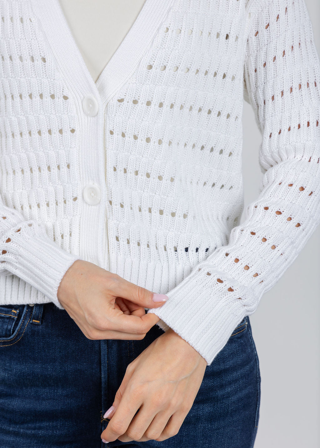 Autumn Cashmere Cropped Boxy Cardigan in Broken Rib Stitch in Bleach White available at Barbara Katz