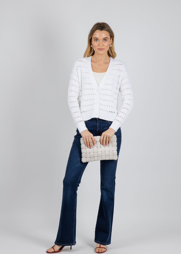 Autumn Cashmere Cropped Boxy Cardigan in Broken Rib Stitch in Bleach White available at Barbara Katz