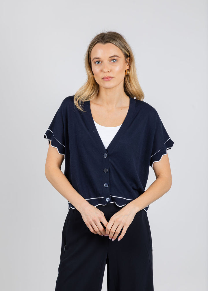 Autumn Cashmere CardiganWith Scallop Edges in Navy/White available at Barbara Katz