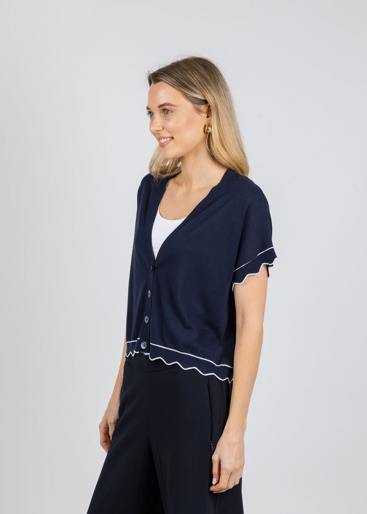 Autumn Cashmere CardiganWith Scallop Edges in Navy/White available at Barbara Katz