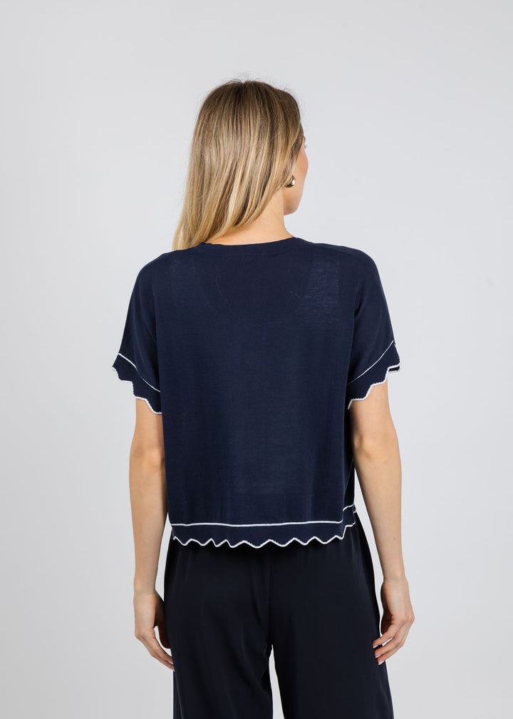 Autumn Cashmere CardiganWith Scallop Edges in Navy/White available at Barbara Katz