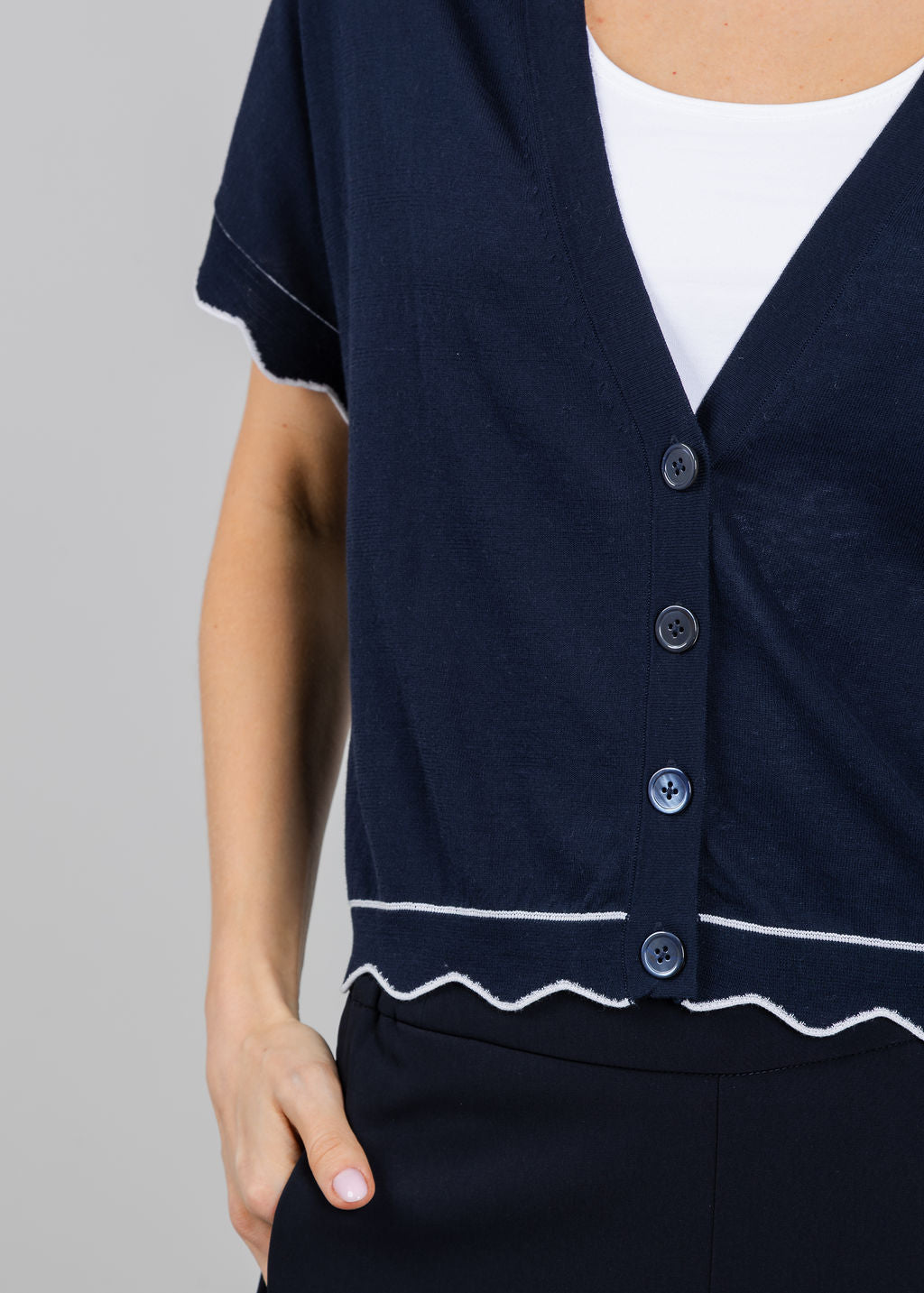 Autumn Cashmere CardiganWith Scallop Edges in Navy/White available at Barbara Katz