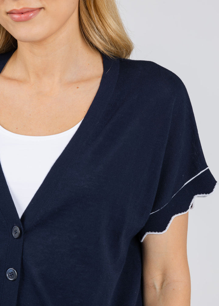 Autumn Cashmere CardiganWith Scallop Edges in Navy/White available at Barbara Katz