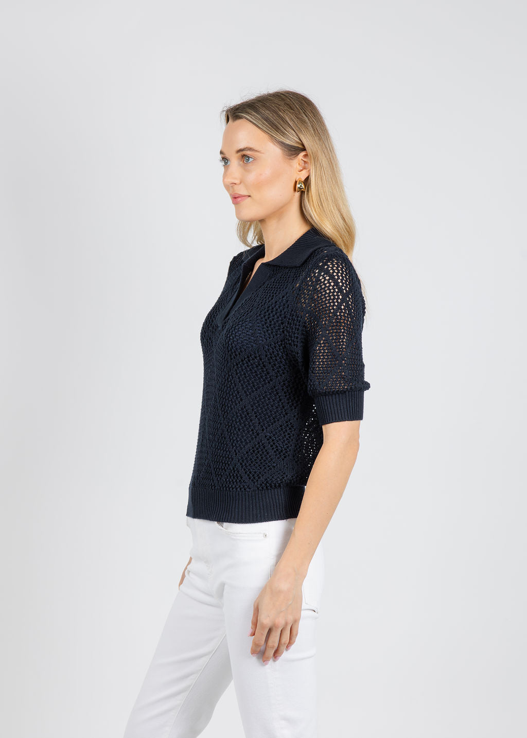 Autumn Cashmere Diamond Mesh Johnny Collar Sweater in Navy Blue available at Barbara Katz