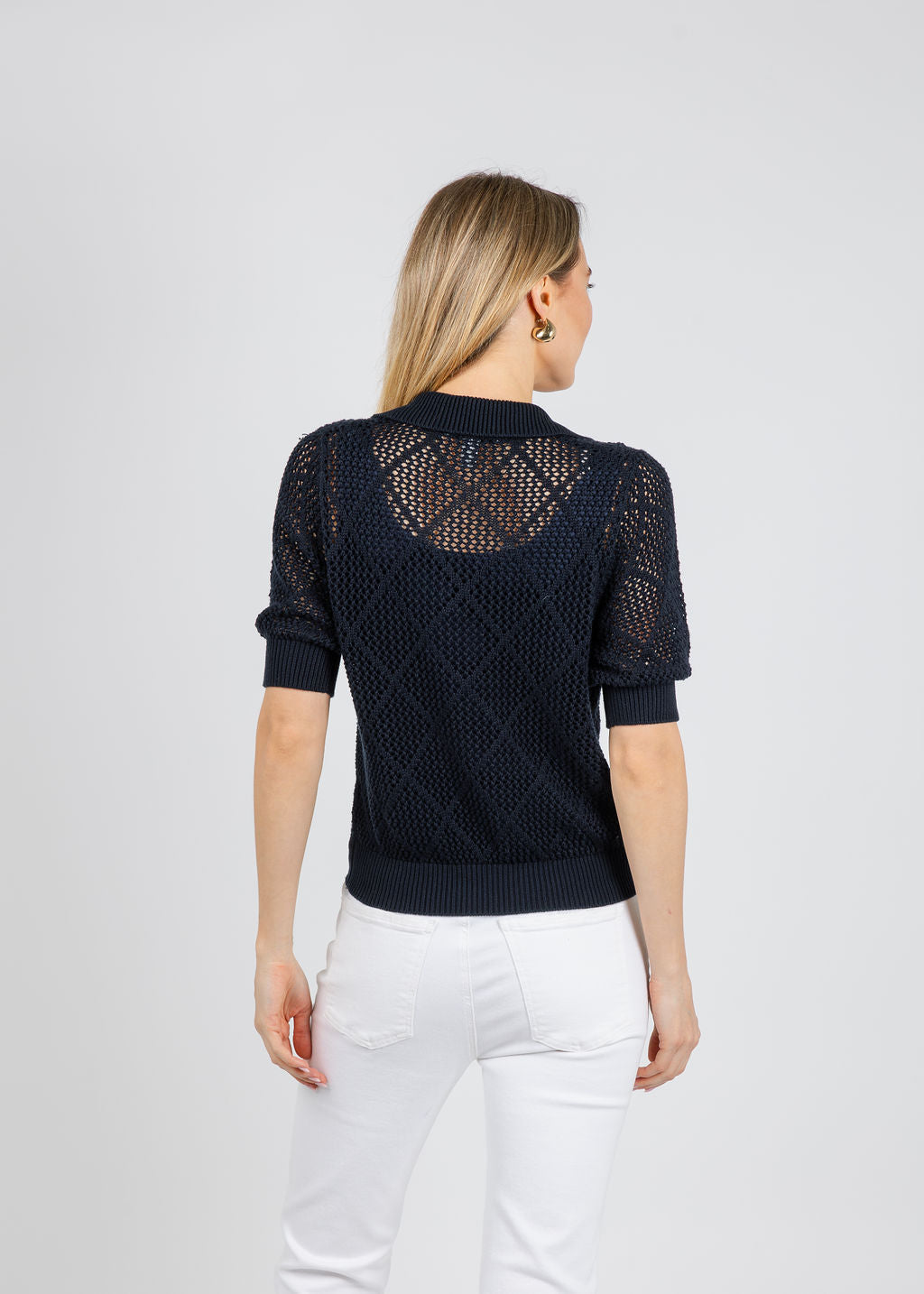 Autumn Cashmere Diamond Mesh Johnny Collar Sweater in Navy Blue available at Barbara Katz