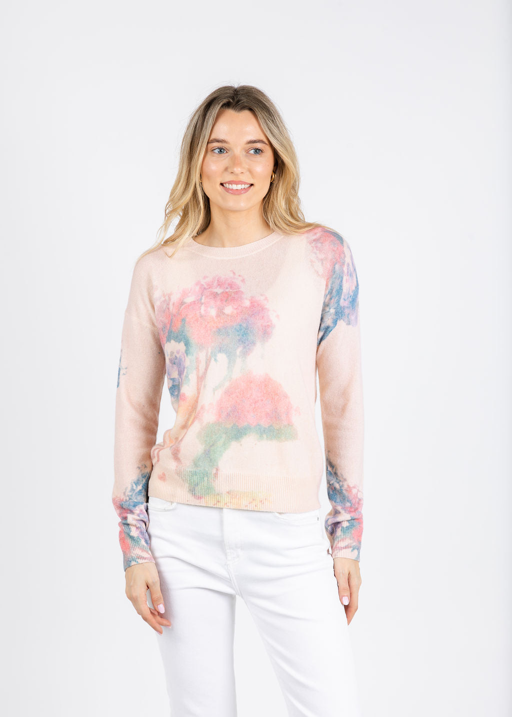 Autumn Cashmere Floral Print Relax Crew Sweater in Pink Combo available at Barbara Katz