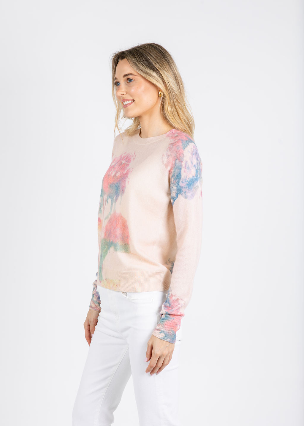 Autumn Cashmere Floral Print Relax Crew Sweater in Pink Combo available at Barbara Katz