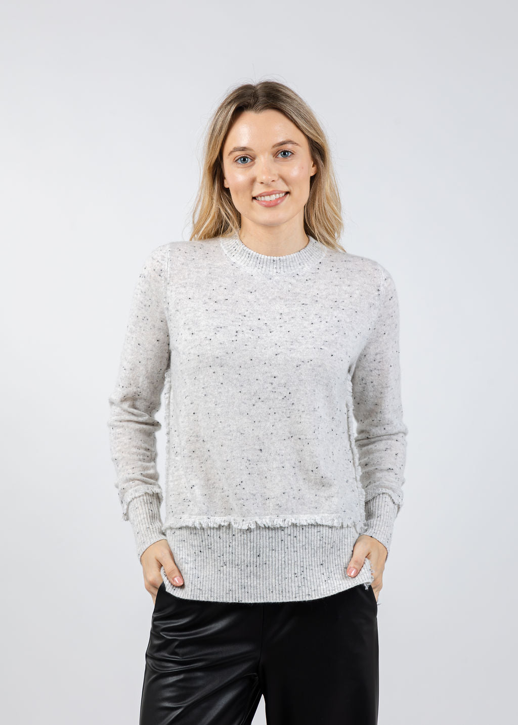 Autumn Cashmere Fringe Crew Sweater With Side Slits in Husky available at Barbara Katz