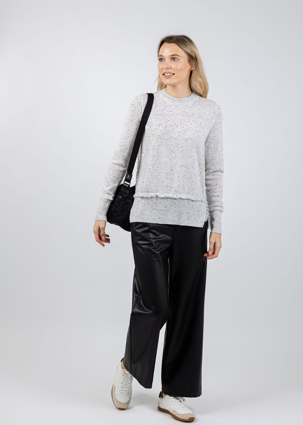 Autumn Cashmere Fringe Crew Sweater With Side Slits in Husky available at Barbara Katz