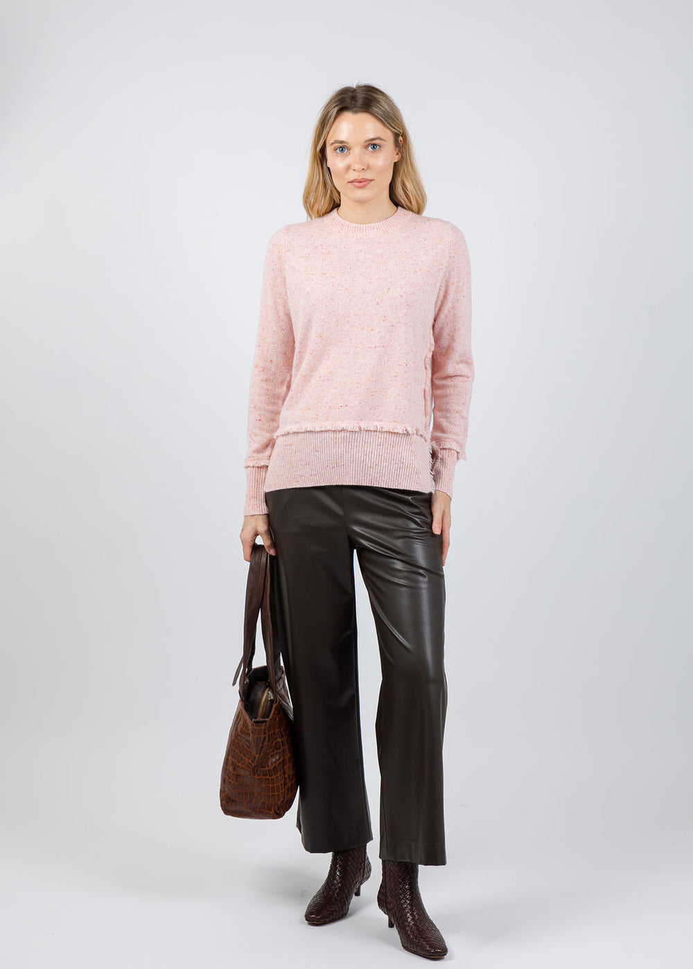 Autumn Cashmere Fringe Crew Sweater With Side Slits in Pinkberry available at Barbara Katz