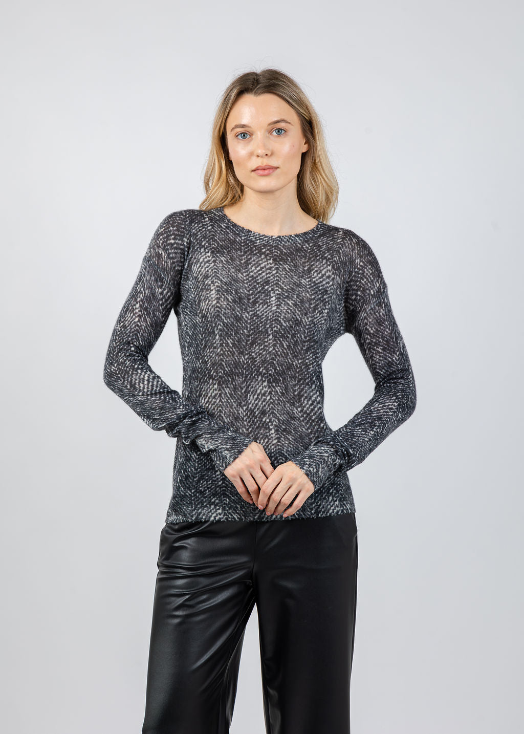 Autumn Cashmere Herringbone Print Raw Edge Crew Sweater in Neutral Combo available at Barbara Katz