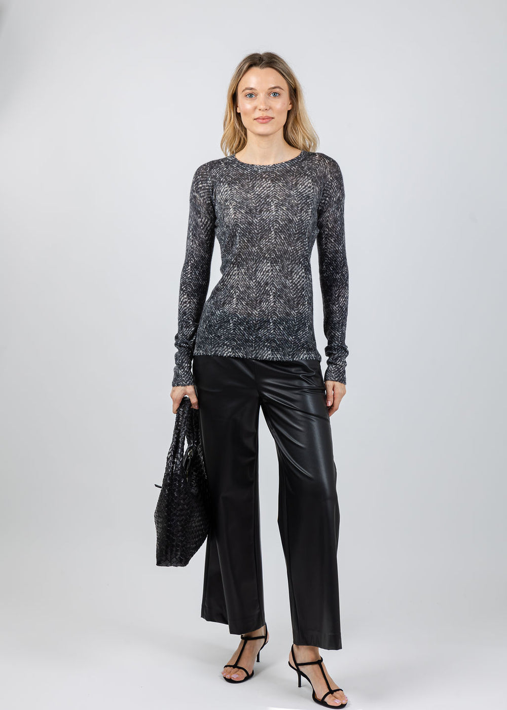 Autumn Cashmere Herringbone Print Raw Edge Crew Sweater in Neutral Combo available at Barbara Katz