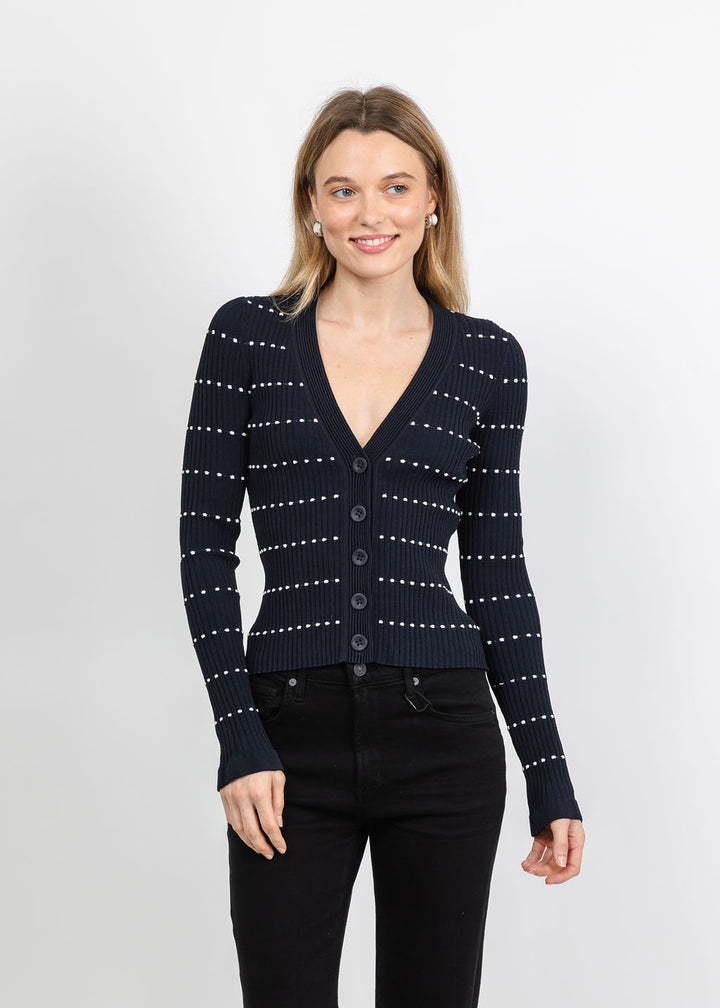 Autumn Cashmere Jacquard Stripe Rib Cardigan With Rufflesin Navy/Sand available at Barbara Katz