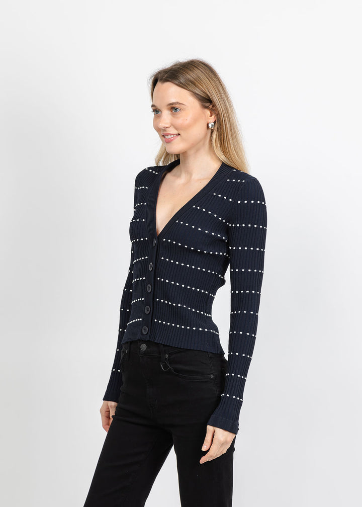 Autumn Cashmere Jacquard Stripe Rib Cardigan With Rufflesin Navy/Sand available at Barbara Katz