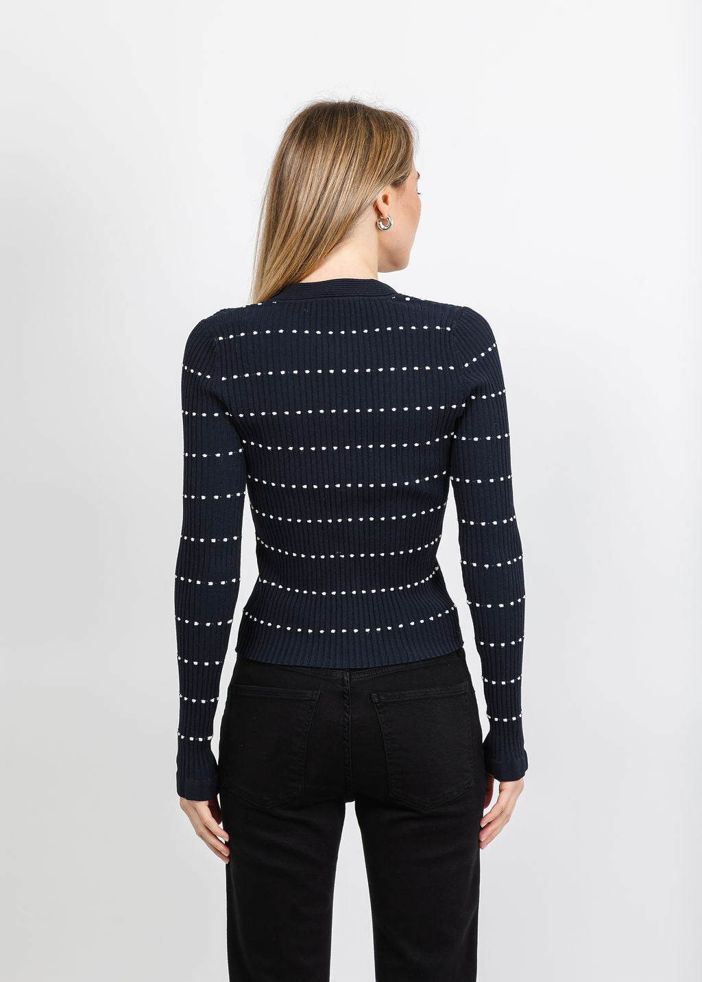 Autumn Cashmere Jacquard Stripe Rib Cardigan With Rufflesin Navy/Sand available at Barbara Katz