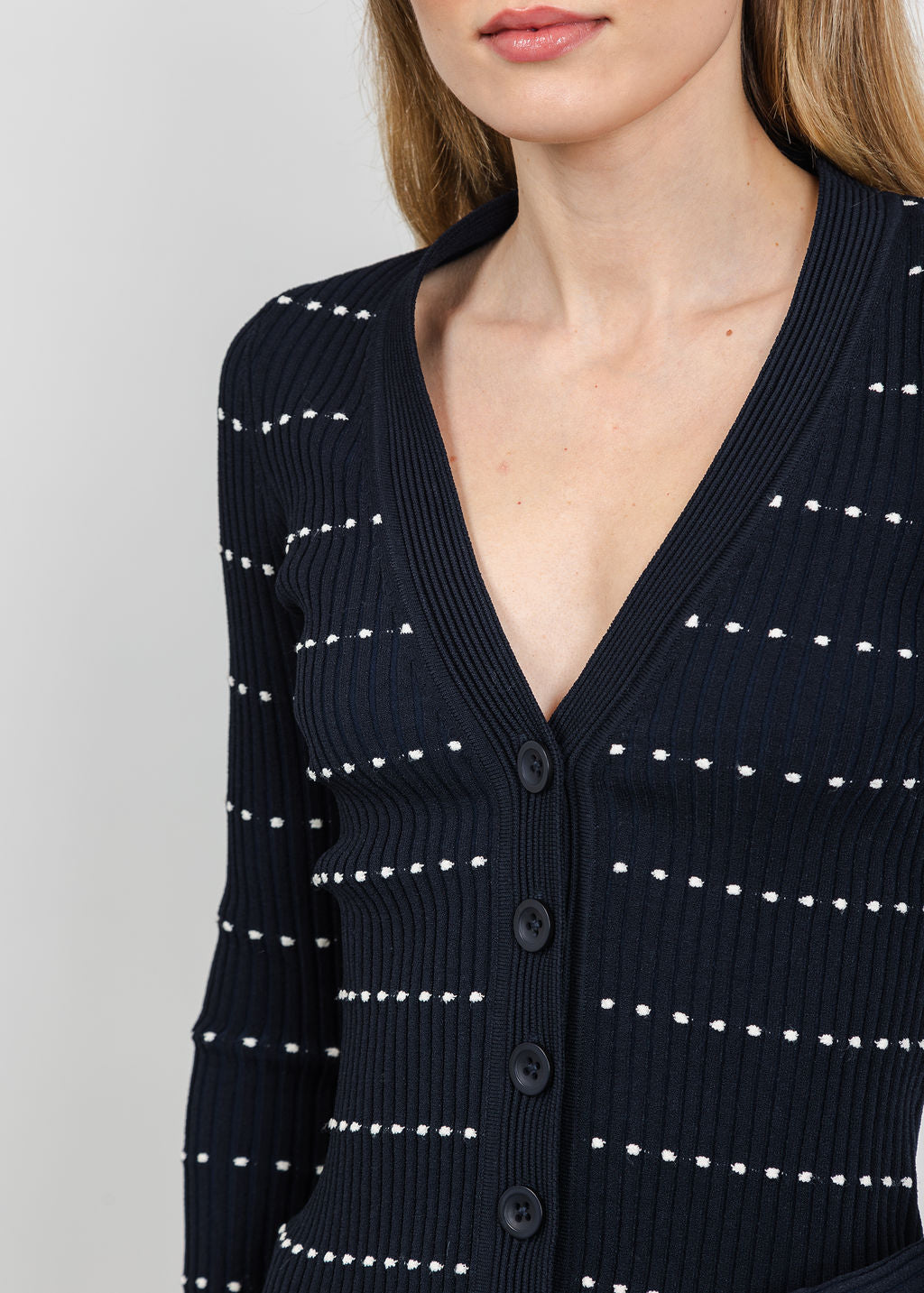 Autumn Cashmere Jacquard Stripe Rib Cardigan With Rufflesin Navy/Sand available at Barbara Katz