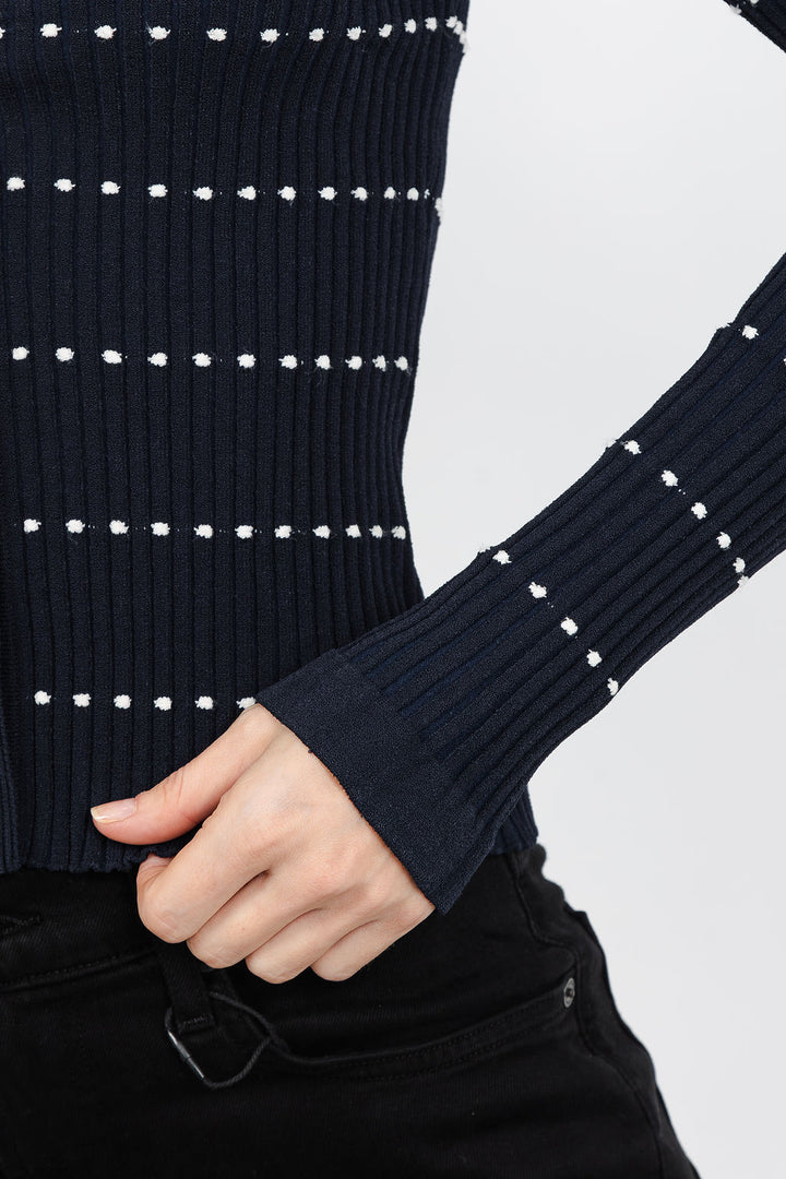 Autumn Cashmere Jacquard Stripe Rib Cardigan With Rufflesin Navy/Sand available at Barbara Katz
