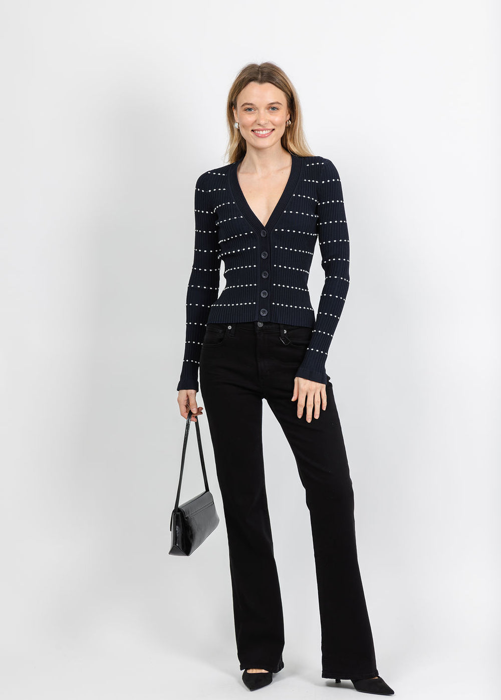 Autumn Cashmere Jacquard Stripe Rib Cardigan With Rufflesin Navy/Sand available at Barbara Katz