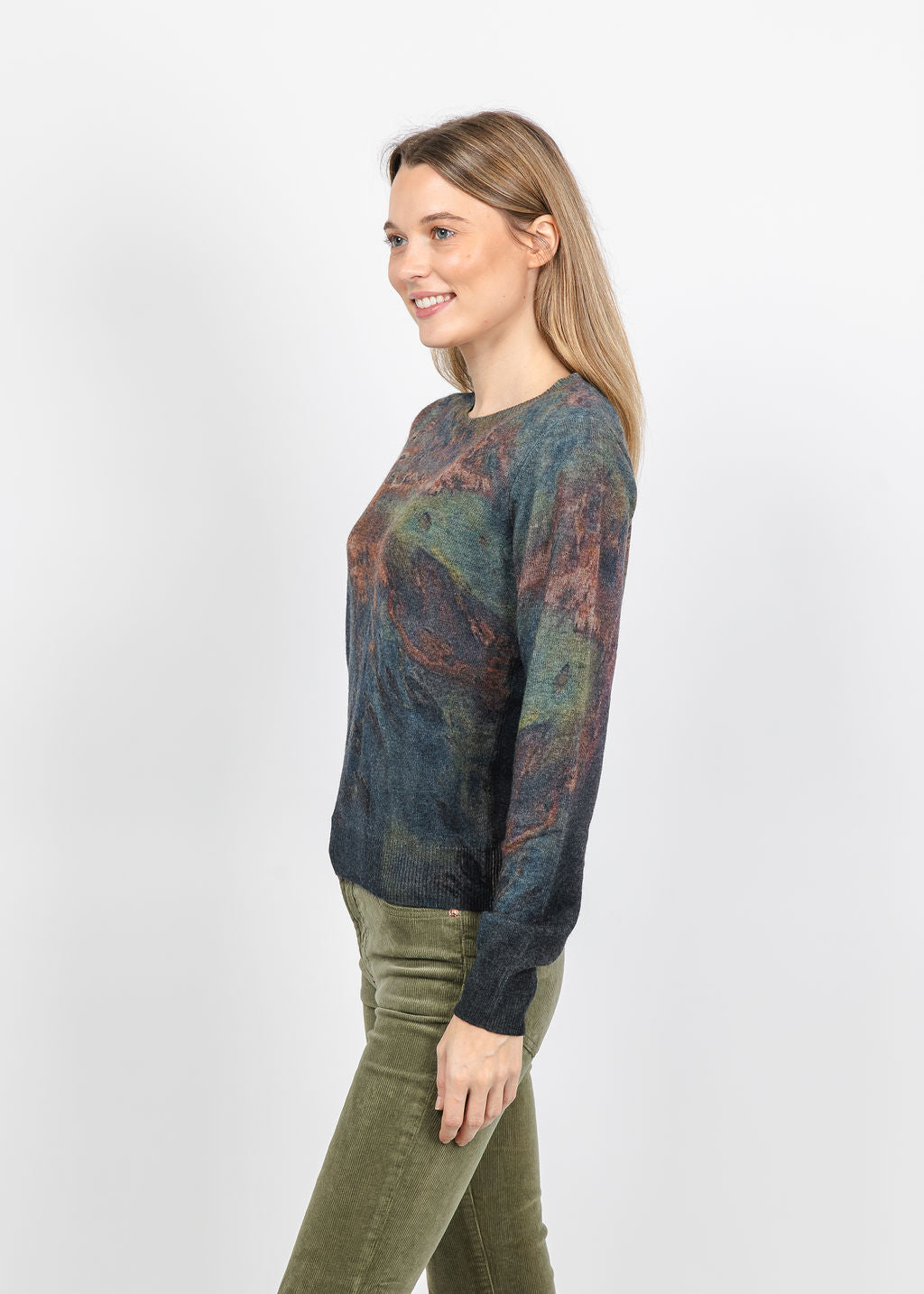 Autumn Cashmere Oil Print Crew Sweater in Copper Combo available at Barbara Katz