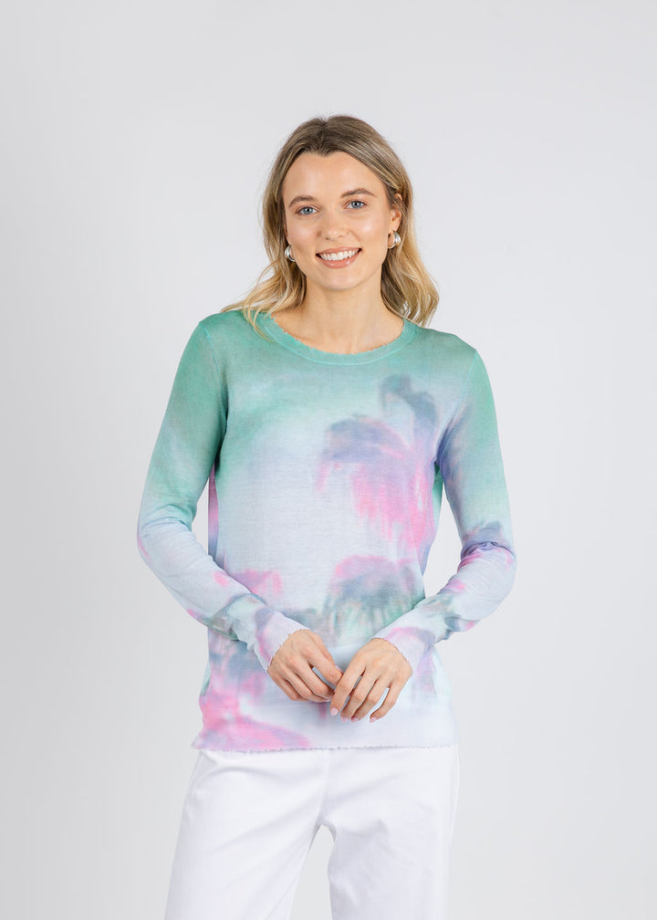 Autumn Cashmere Palm Print Long Sleeve Crew Sweater in Green/Pink Combo available at Barbara Katz