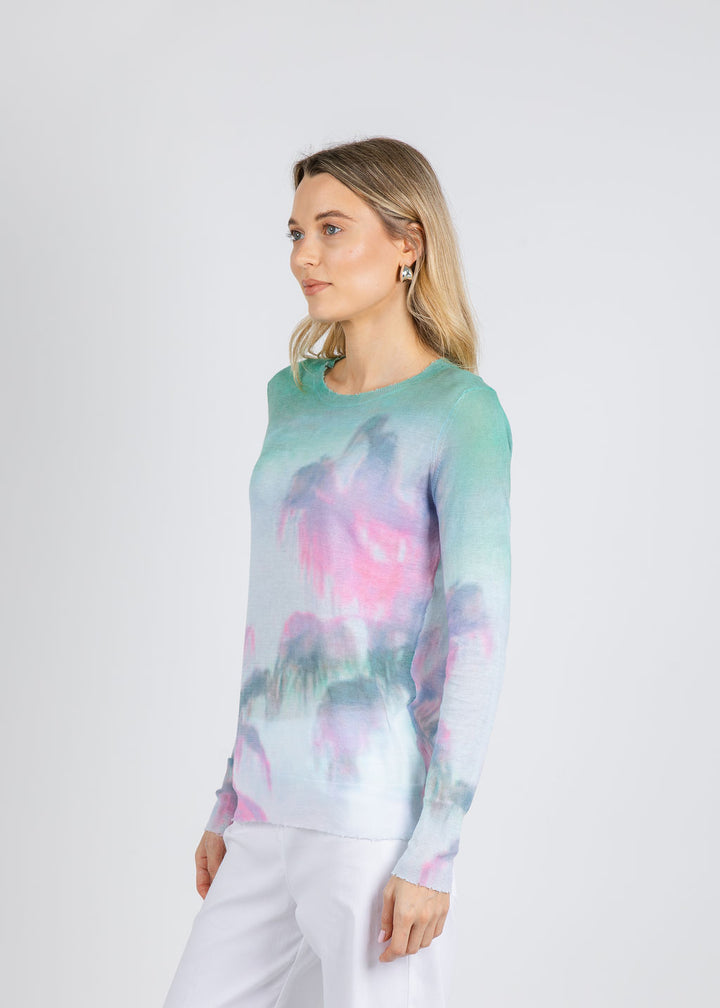 Autumn Cashmere Palm Print Long Sleeve Crew Sweater in Green/Pink Combo available at Barbara Katz