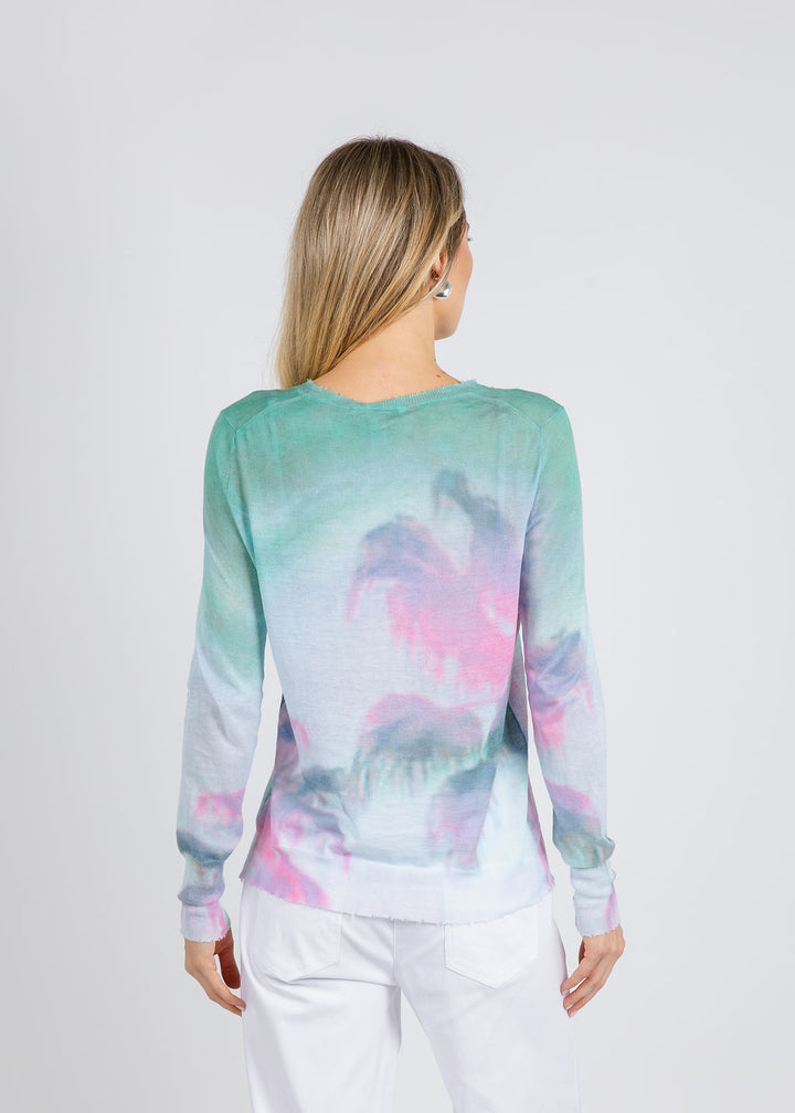 Autumn Cashmere Palm Print Long Sleeve Crew Sweater in Green/Pink Combo available at Barbara Katz