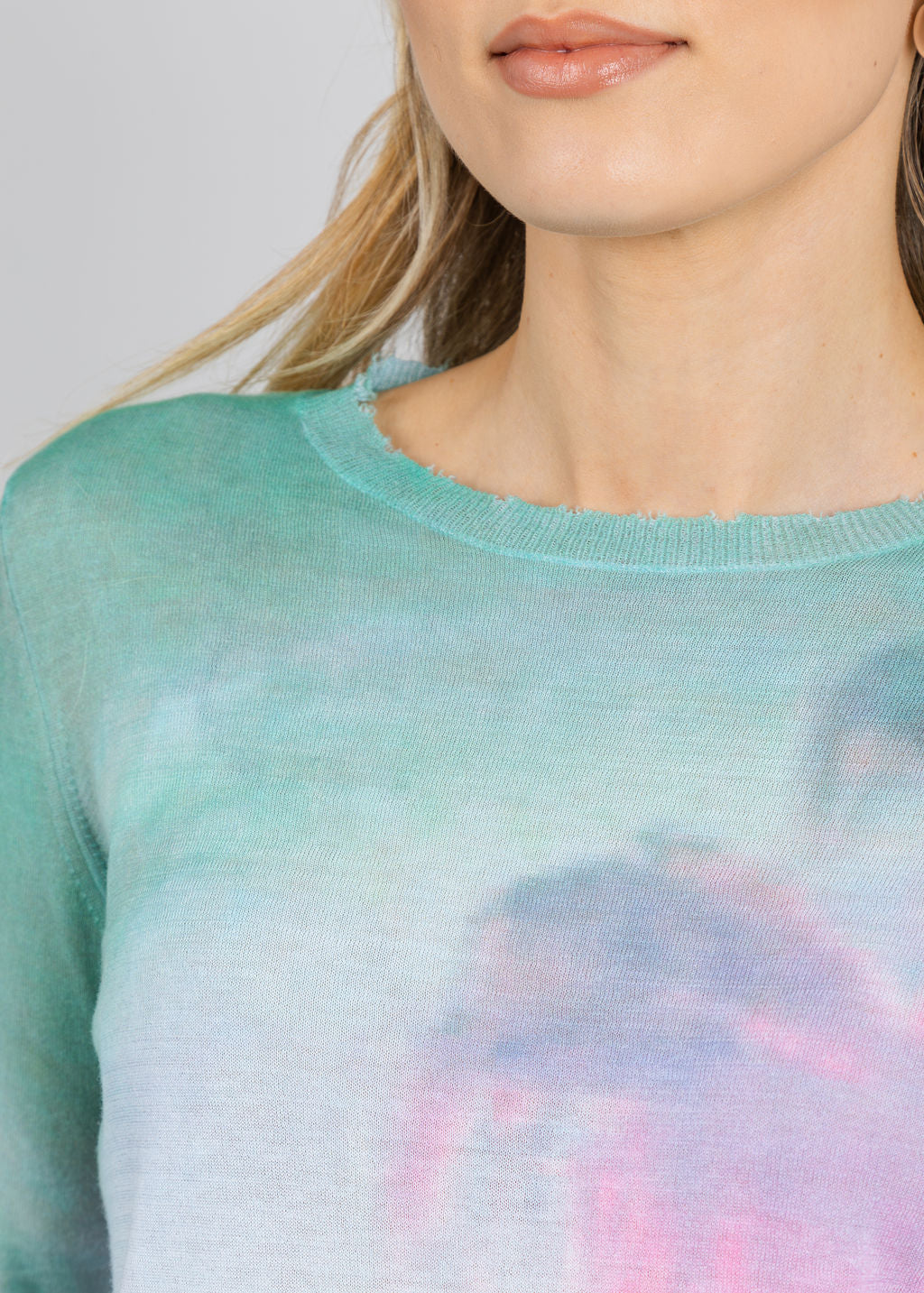 Autumn Cashmere Palm Print Long Sleeve Crew Sweater in Green/Pink Combo available at Barbara Katz