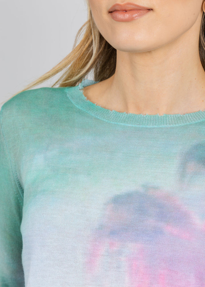 Autumn Cashmere Palm Print Long Sleeve Crew Sweater in Green/Pink Combo available at Barbara Katz