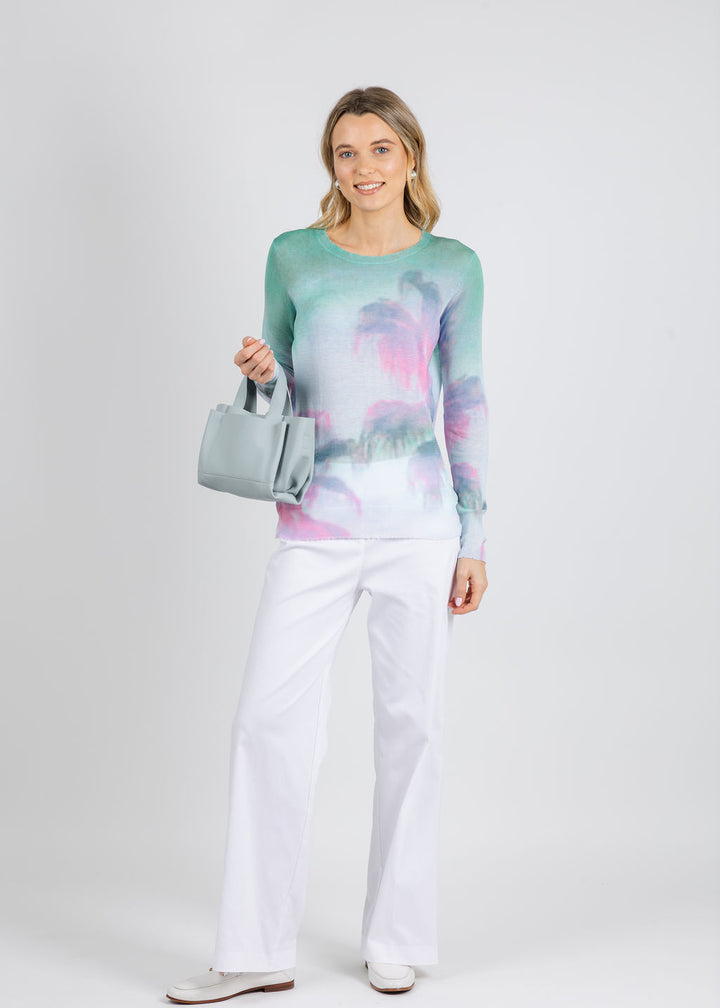 Autumn Cashmere Palm Print Long Sleeve Crew Sweater in Green/Pink Combo available at Barbara Katz