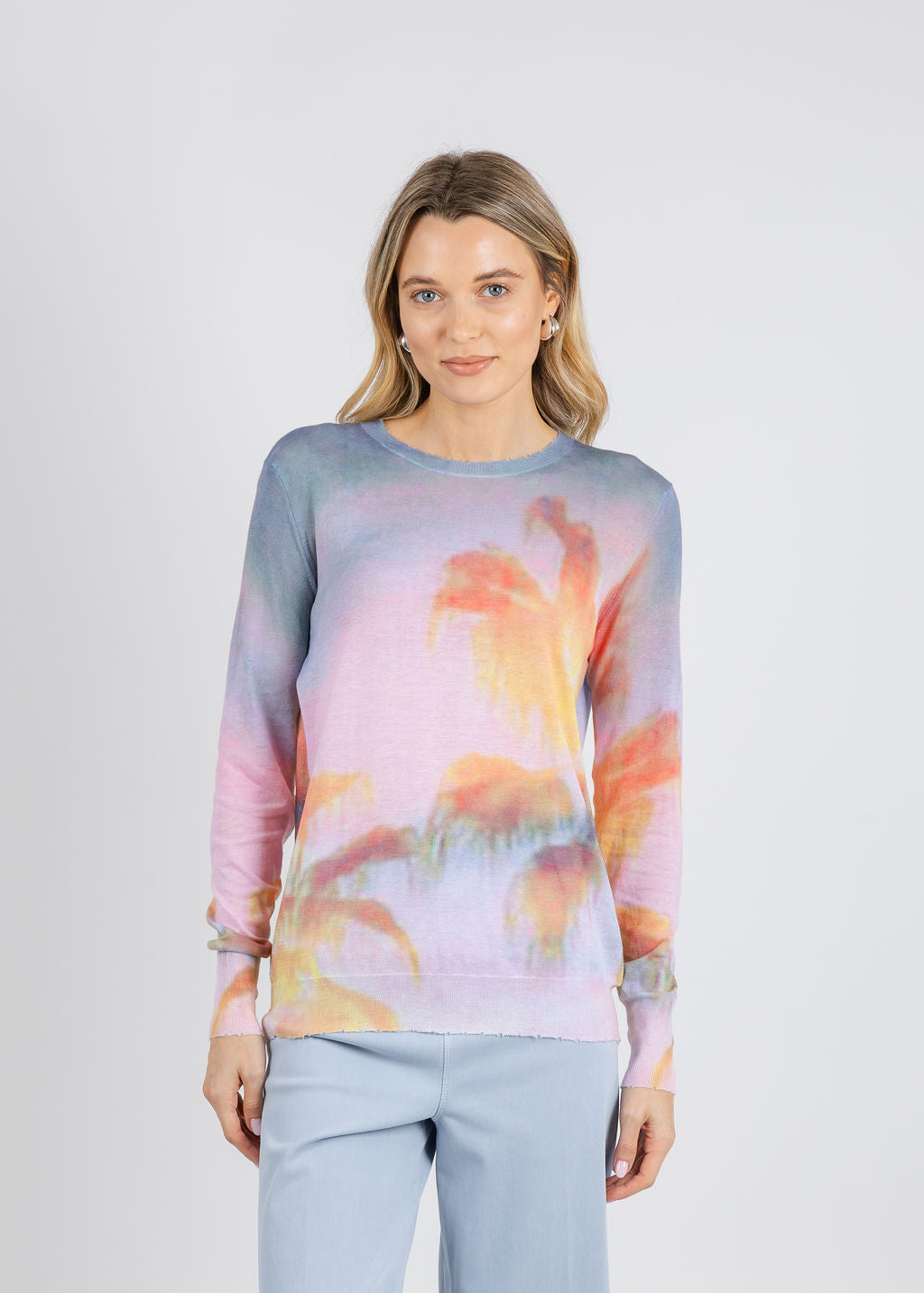Autumn Cashmere Palm Print Long Sleeve Crew Sweater in Purple/Orange Combo available at Barbara Katz