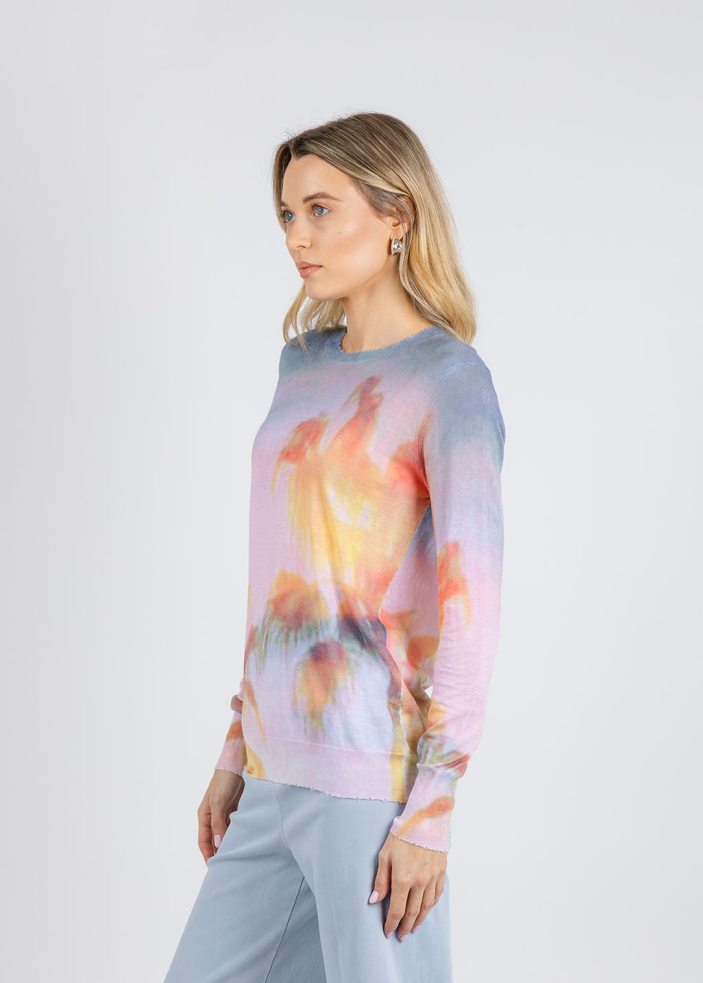 Autumn Cashmere Palm Print Long Sleeve Crew Sweater in Purple/Orange Combo available at Barbara Katz