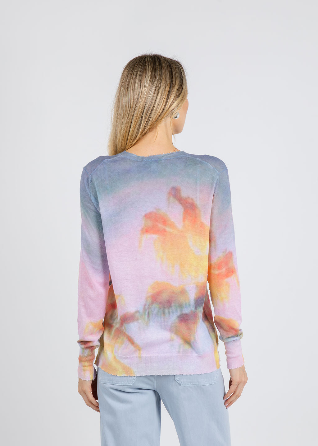 Autumn Cashmere Palm Print Long Sleeve Crew Sweater in Purple/Orange Combo available at Barbara Katz