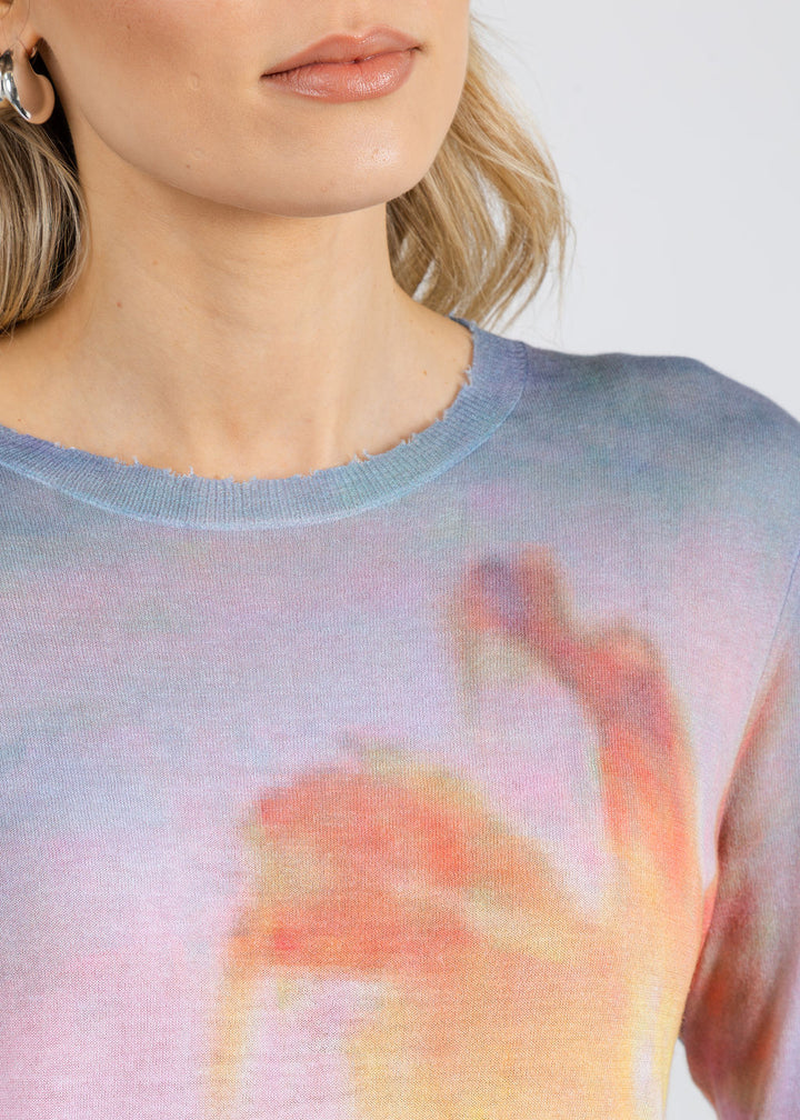 Autumn Cashmere Palm Print Long Sleeve Crew Sweater in Purple/Orange Combo available at Barbara Katz