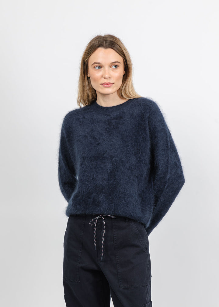 Autumn Cashmere Relaxed Fit Saddle Crew Sweater With Back Yoke in Navy available at Barbara Katz