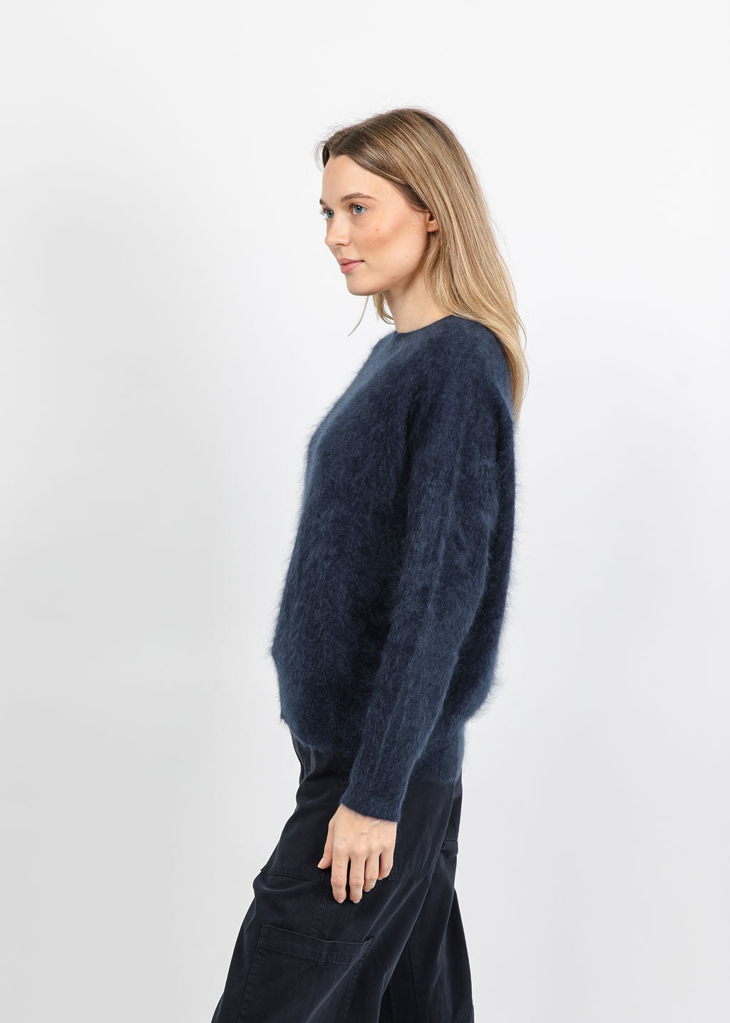 Autumn Cashmere Relaxed Fit Saddle Crew Sweater With Back Yoke in Navy available at Barbara Katz