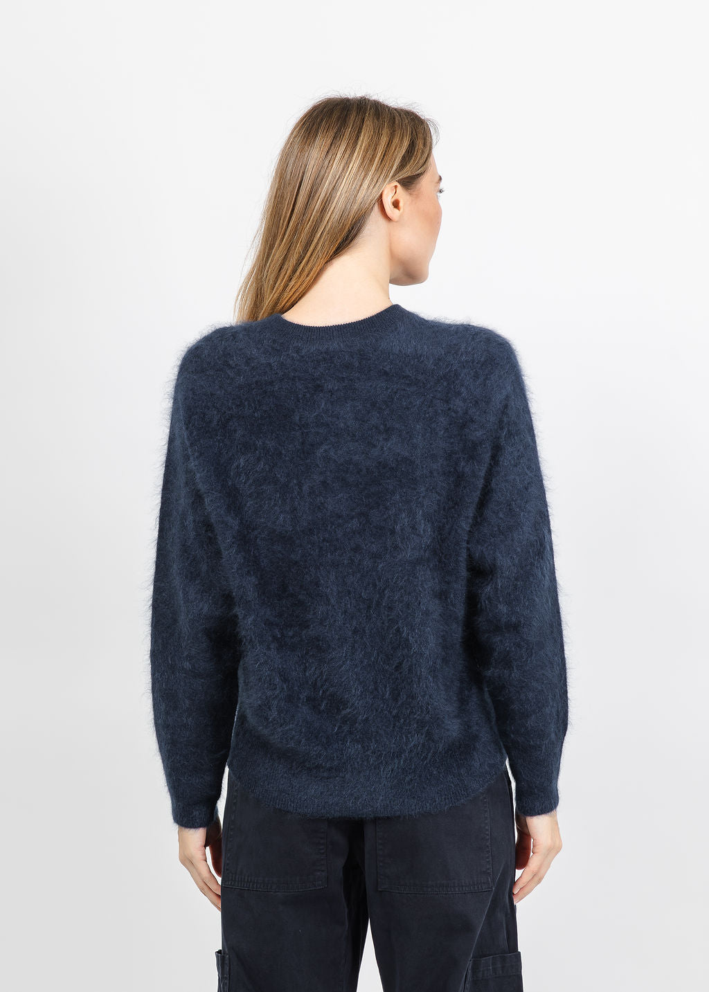 Autumn Cashmere Relaxed Fit Saddle Crew Sweater With Back Yoke in Navy available at Barbara Katz