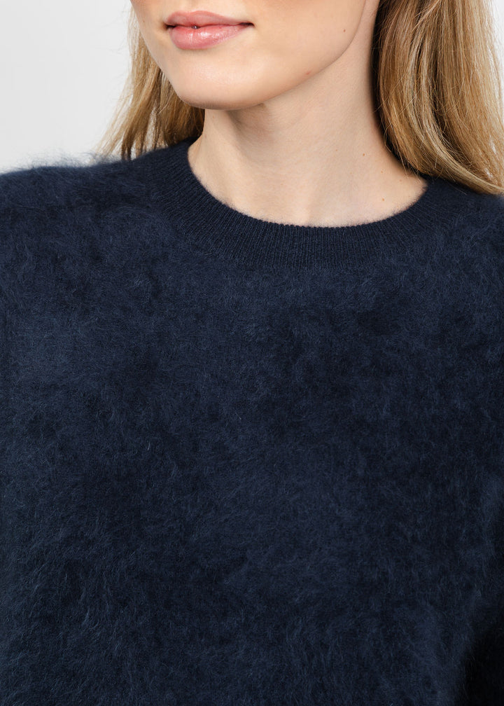 Autumn Cashmere Relaxed Fit Saddle Crew Sweater With Back Yoke in Navy available at Barbara Katz