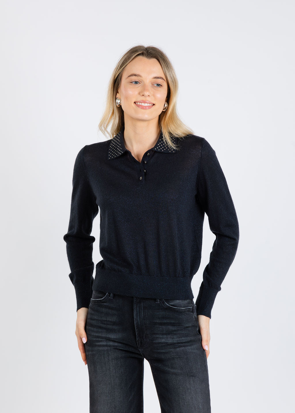 Autumn Cashmere Rhinestone Collar Polo Sweater in Black available at Barbara Katz