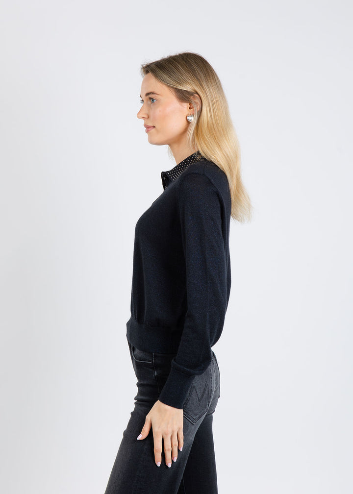 Autumn Cashmere Rhinestone Collar Polo Sweater in Black available at Barbara Katz