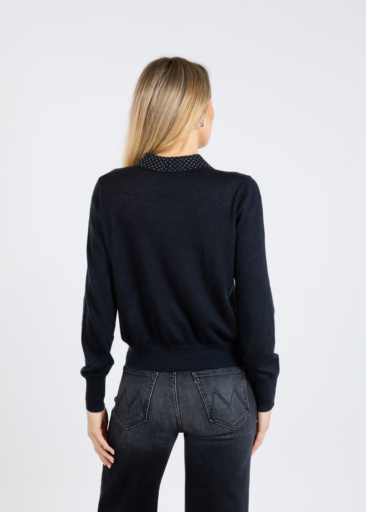 Autumn Cashmere Rhinestone Collar Polo Sweater in Black available at Barbara Katz