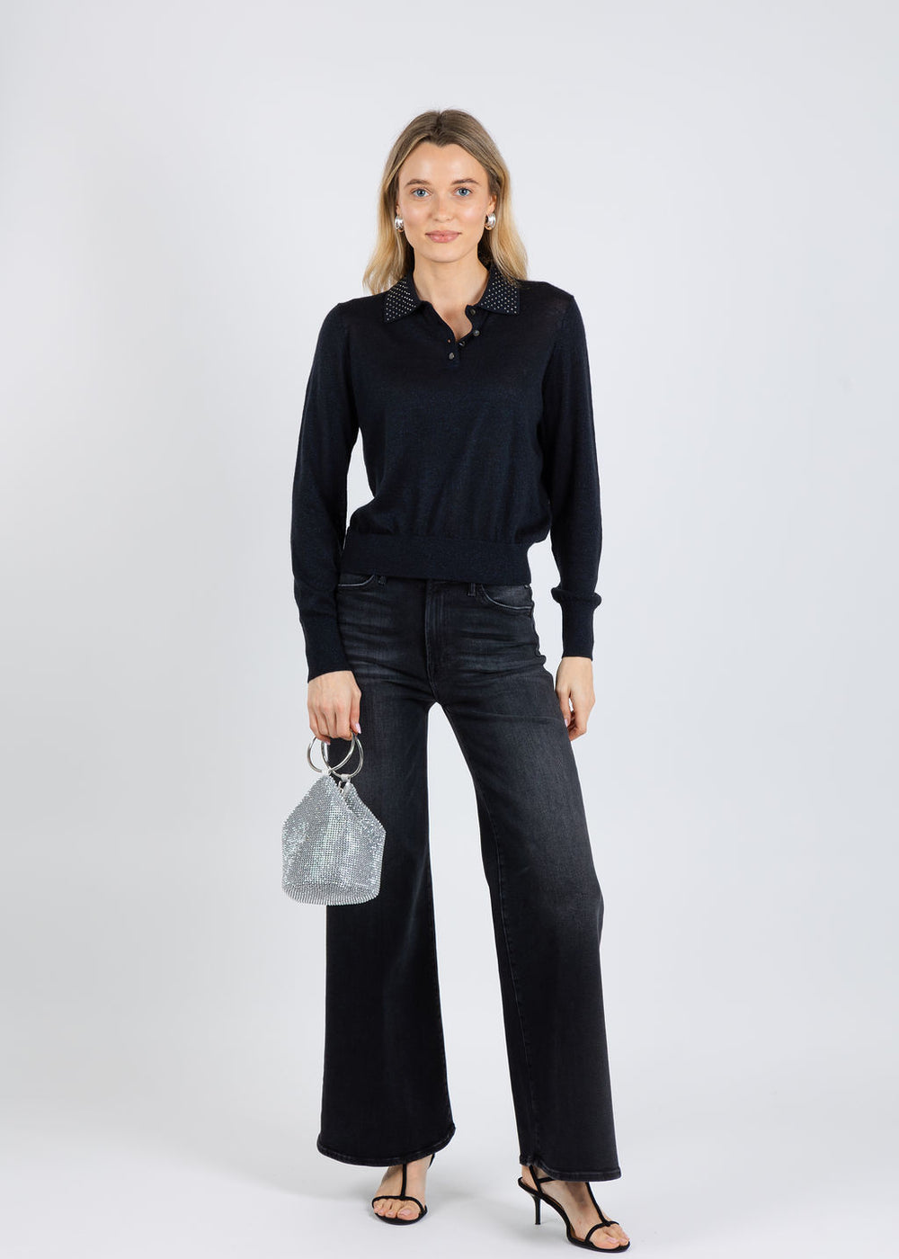 Autumn Cashmere Rhinestone Collar Polo Sweater in Black available at Barbara Katz