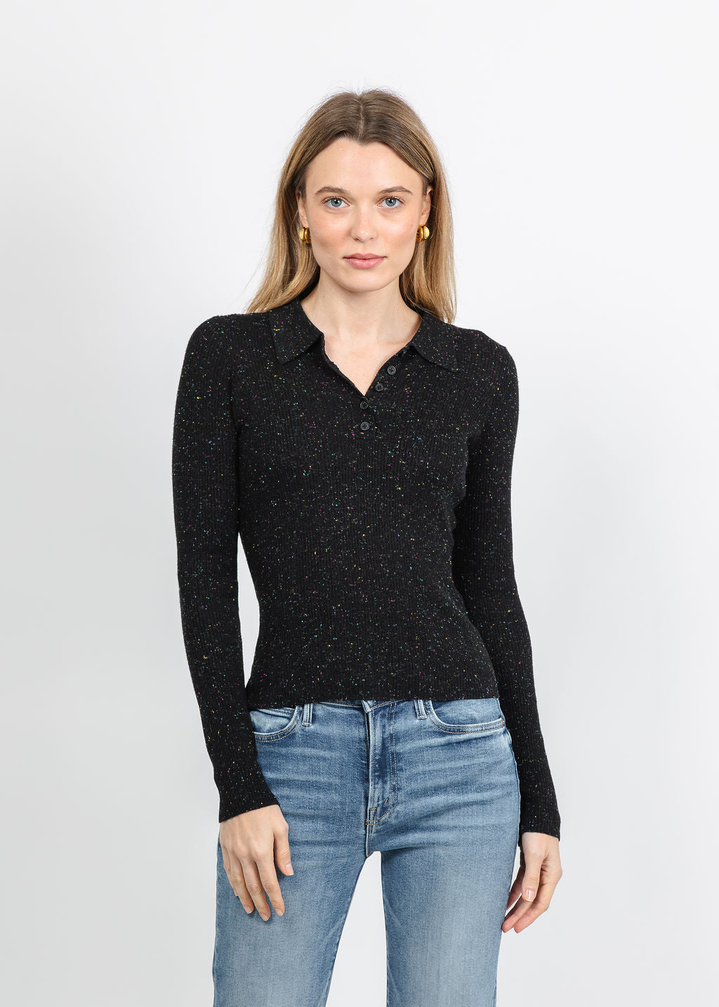 Autumn Cashmere Speckled Ribbed Polo in Black available at Barbara Katz