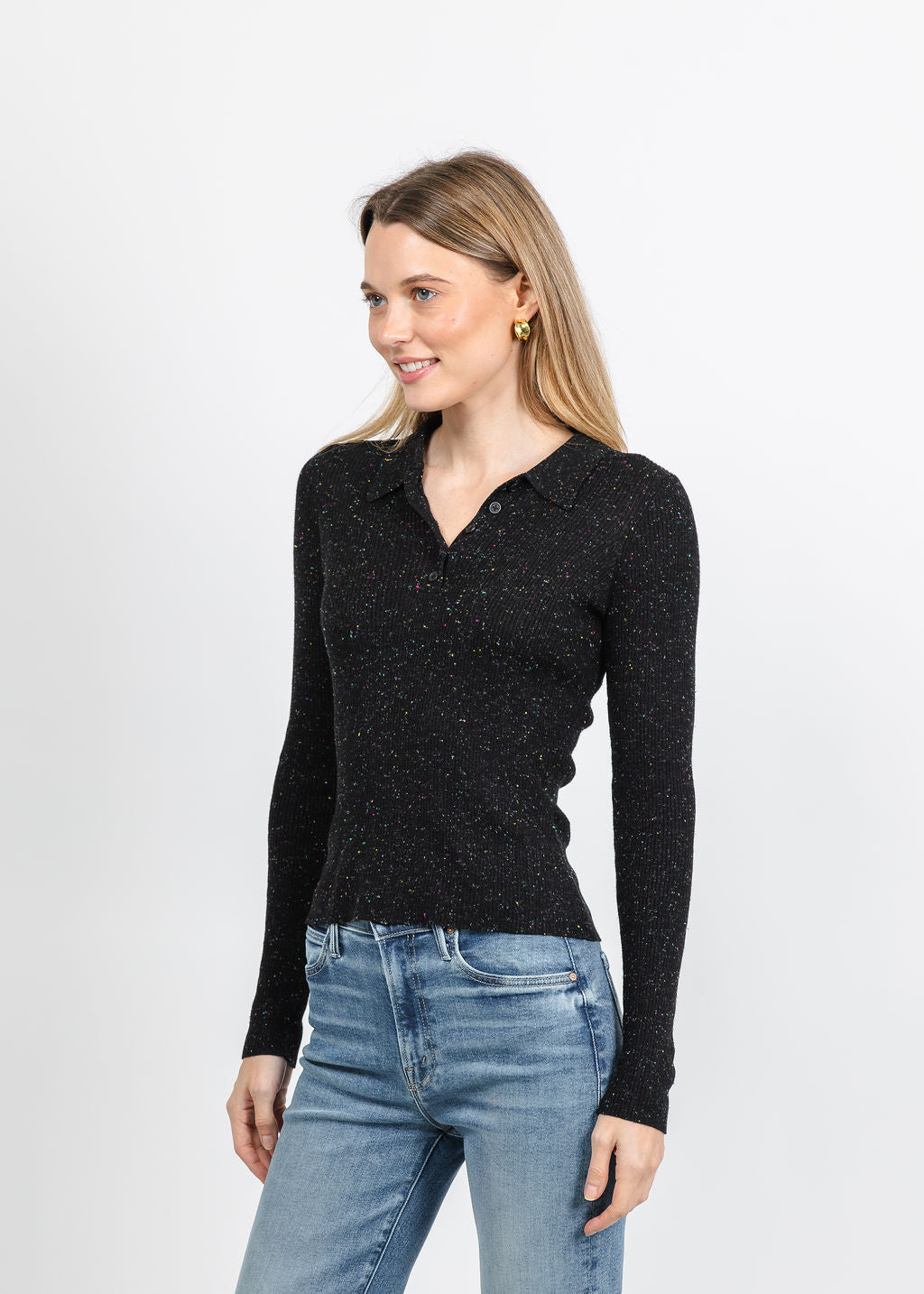 Autumn Cashmere Ribbed Polo in Black available at Barbara Katz