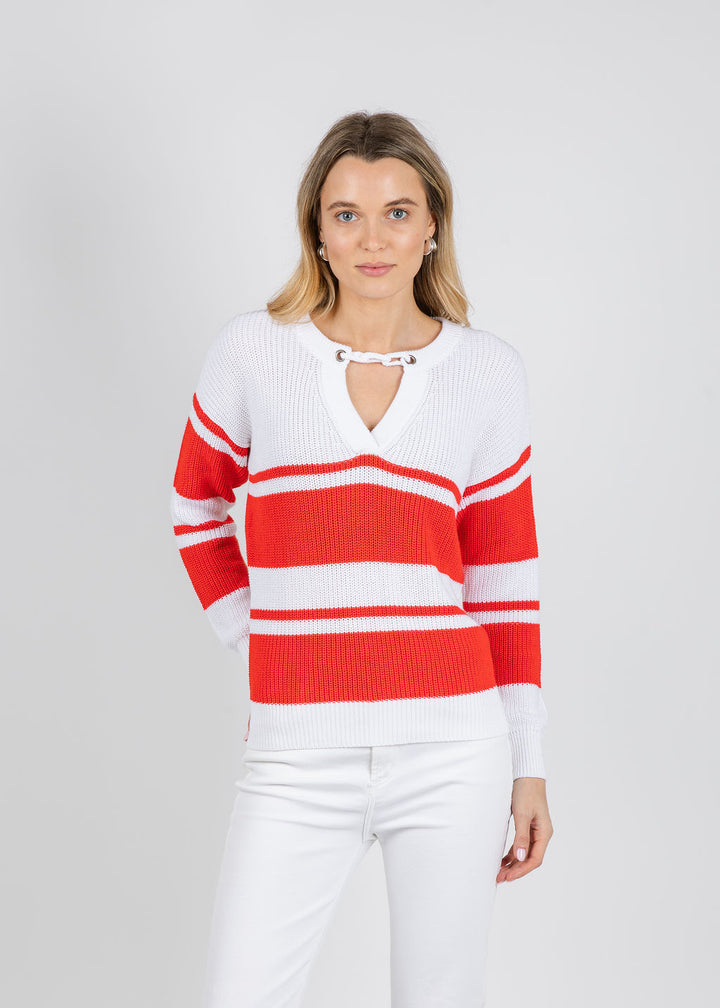 Autumn Cashmere Shaker Placement Stripe Sweater With Crochet Chain Detail in Bleach White/Apple available at Barbara Katz