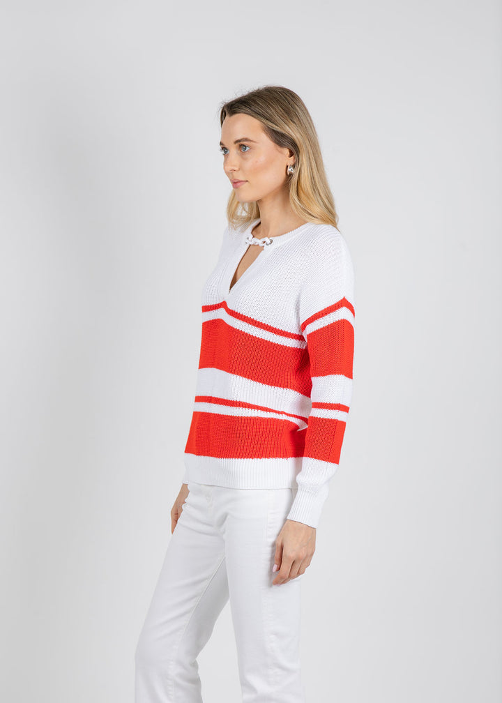 Autumn Cashmere Shaker Placement Stripe Sweater With Crochet Chain Detail in Bleach White/Apple available at Barbara Katz